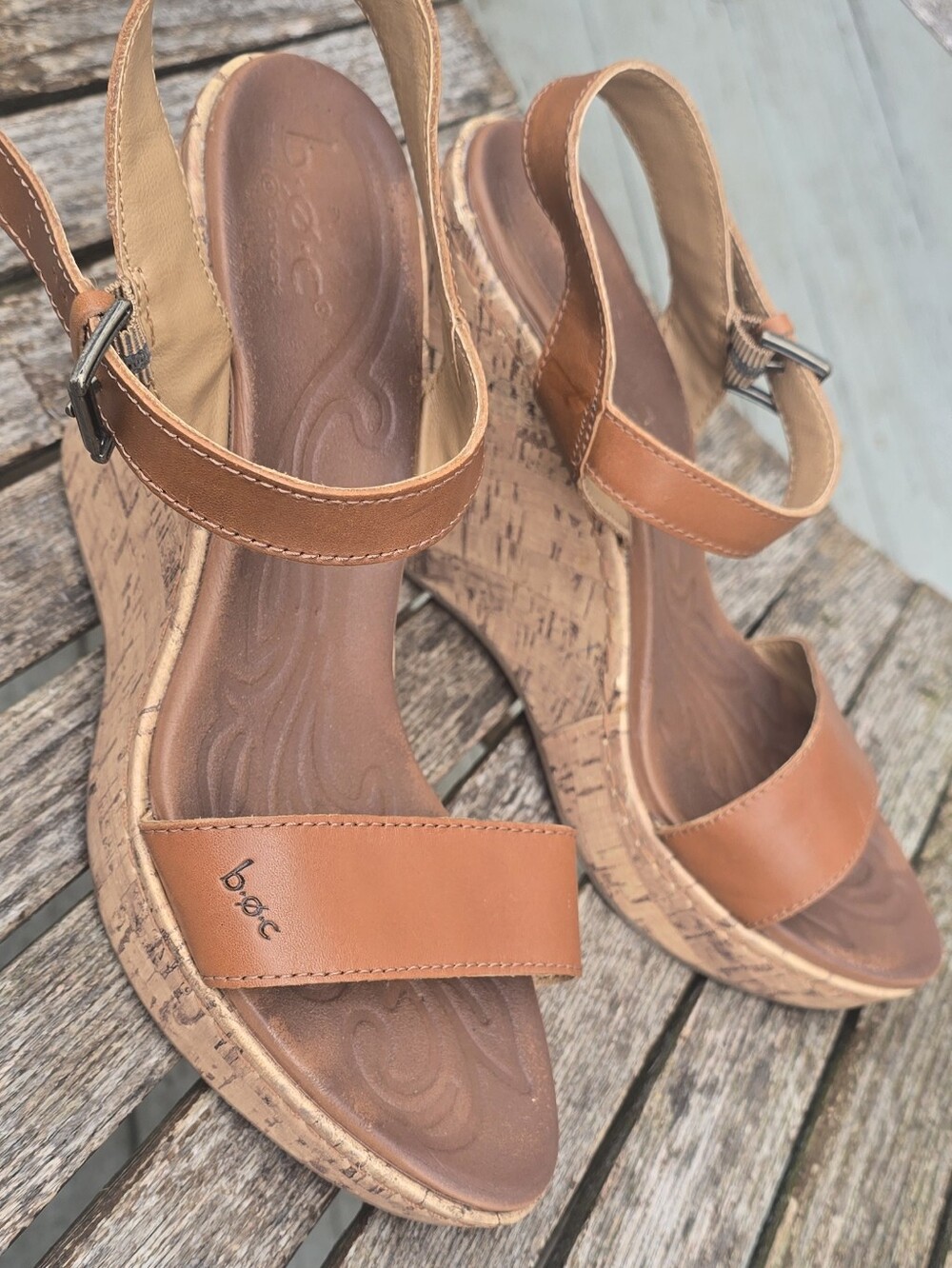 b.o.c. Tan Leather Cork Wedge Sandals - Adjustable Ankle Strap